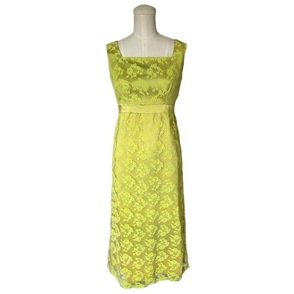 Vintage 60s Bright Green Chartreuse Allover Lace Dress Sleeveless Gown XS/S - Picture 1 of 5